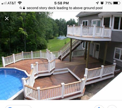 Deck With Above Ground Pool, Multi Level Deck Ideas, 2 Tier Deck, Pool With Deck, Black Pergola, Decks Around Pools, Two Level Deck, Multi Level Deck, Tiered Deck