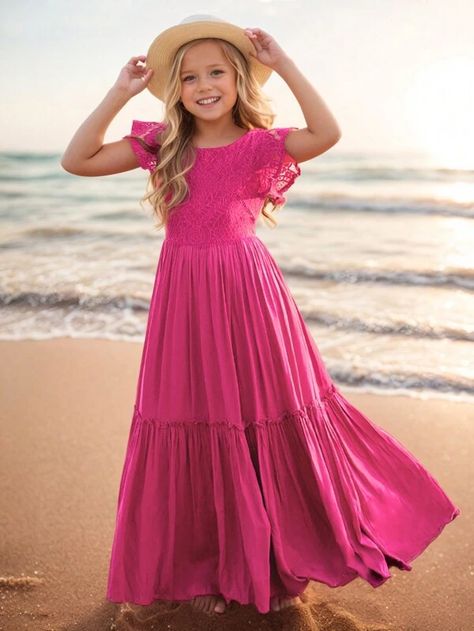 Search Dresses for tween girls | SHEIN USA Kids Maxi Dress, Kids Maxi Dresses, Lace Patchwork Dress, Printed Dresses Fashion, Pink Long Dress, Girls Maxi Dresses, Boho Dresses Long, Pink Collar, Lace Patchwork