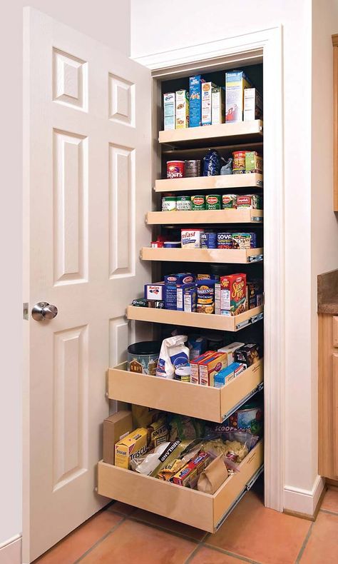 Graduated Sliding Drawers in the Pantry #pantry #storage #organization #decorhomeideas Kitchen Pantry Cabinet Ikea, Pantry Cabinet Ikea, Pull Out Pantry Shelves, Deep Pantry Organization, Corner Kitchen Pantry, Small Kitchen Pantry, White Wooden Doors, Small White Kitchens, Deep Pantry