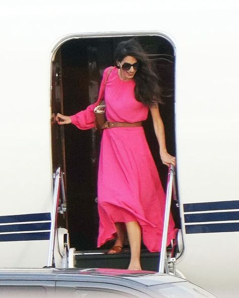 Traveling To France, Boys In The Boat, Hot Pink Maxi Dress, Rande Gerber, Matching Sweatsuit, Private Plane, Amal Clooney, Pink Maxi, Hollywood Star