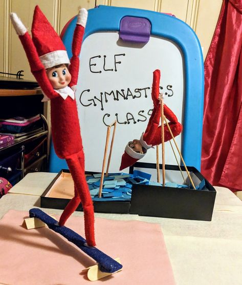 Elf On Shelf Gymnastics, Gymnastics Elf On The Shelf, Elf On The Shelf Gymnastics Ideas, Elf On Shelf Funny, Elf Shenanigans, Elf Ideas Easy, Shelf Box, Awesome Elf On The Shelf Ideas, Elf Activities