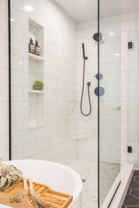 Sammamish Modern Farmhouse Master Bath - Farmhouse - Bathroom - Seattle - by Heiser Designs | Houzz Master Shower Modern Farmhouse, Master Bath Shower Tile, Modern Farmhouse Master Bath, Elderly Bathroom, Farmhouse Master Bath, Master Remodel, Tile Bathrooms, Master Addition, Master Bath Tile