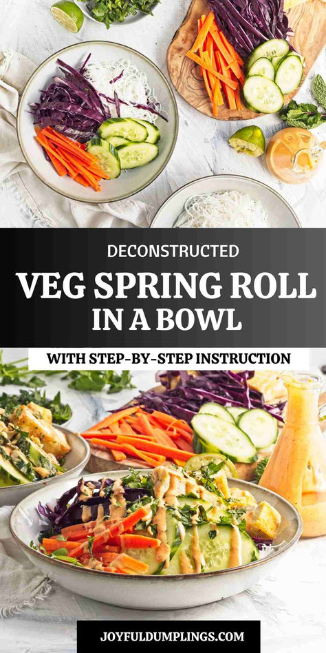 Vietnamese Spring Roll in a Bowl is a genius dinner idea that will save your busy weeknights: It’s like someone took all the awesome parts of a spring roll and turned it into an easy to make, flavor-packed bowl of goodness. Perfect for those evenings when you’re craving something fresh, tasty, and quick. Spring Roll In A Bowl, Spring Roll Bowl, Vietnamese Bowl, Veg Spring Rolls, Spring Roll Bowls, Vietnamese Spring Rolls, Spring Roll, Red Curry Paste, Daniel Fast