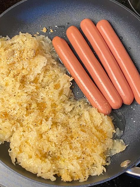 Making hot dogs and sauerkraut on the stove top Sauerkraut And Hot Dogs Recipes, Sauerkraut Hot Dog, Hot Dog And Sauerkraut Recipes, Sourkraut And Hot Dogs, Saurkraut And Hot Dog Recipes, Sauerkraut For Hot Dogs, Hot Dogs With Sauerkraut, Hot Dogs And Sauerkraut, Hotdogs Recipes