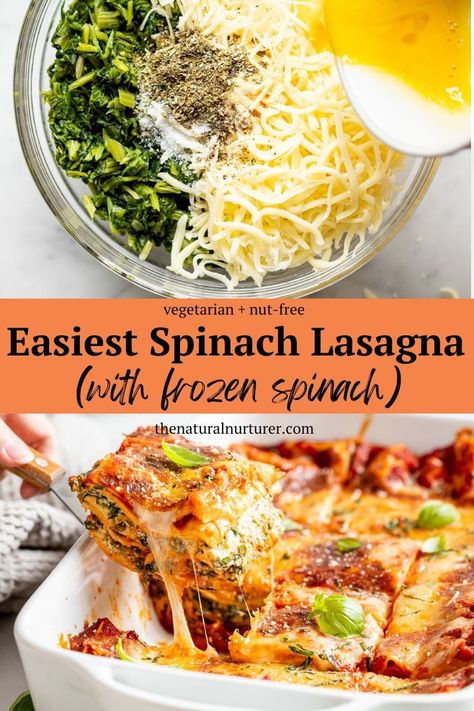 Made in just under 40 minutes, with no veggie-chopping or noodle boiling required, this is truly the easiest lasagna recipe you'll ever come across! Vegetarian Noodle Recipes, Vegetarian Spinach Lasagna, Recipes With Lasagna Noodles, Friday Dinners, Easy Spinach Lasagna, Spinach Lasagna Recipe, Veggie Lasagna Recipe, Natural Nurturer, Vegetarian Noodles Recipes