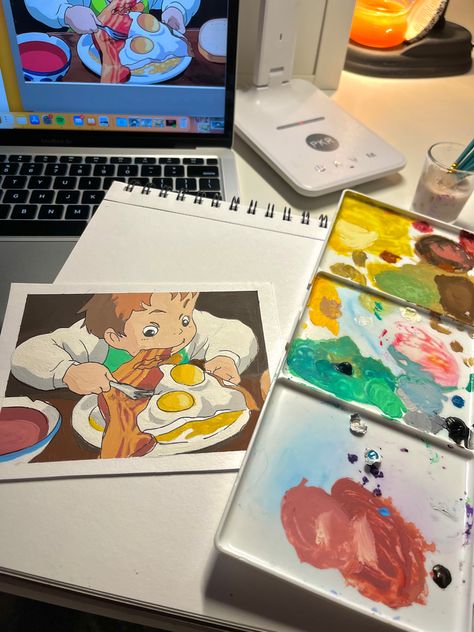 studio ghibli howls moving castle painting Aesthetic Ghibli Painting, Howls Moving Castle Art Simple, Howls Moving Castle Watercolor Art, Painting Ideas Studio Ghibli, Studio Ghibli Inspired Art, Ghibli Studio Painting, Studio Ghibli Art Draw, Howls Moving Castle Painting, Howls Moving Castle Drawing