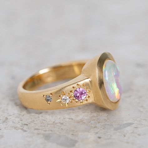 Crystal Opal Sun Punch Ring – Sarah Gardner Jewellery Opal Signet Ring, Sarah Gardner, Cosmic Ring, Pink Opal Ring, Coober Pedy, Crystal Opal, Bead Set, Put A Ring On It, Unique Ring