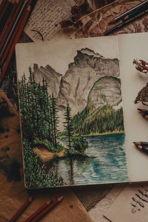 Colored Pencil Nature Drawings, Colored Pencil Art Landscape, Color Pencil Art Nature, Colored Pencil Nature Art, Color Pencil Art Drawings Creative, Colored Pencil Art Ideas, Colored Pencil Sketches, Sketchbook Fillers, Watercolor Pencil Art