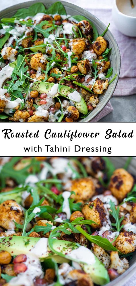 Roasted Veg Salad, Veg Salad Recipes, Salad With Tahini Dressing, Middle Eastern Salads, Roasted Cauliflower Salad, Vegetarian Salads, Cauliflower Salad, Vegan Salad Recipes, Tahini Dressing