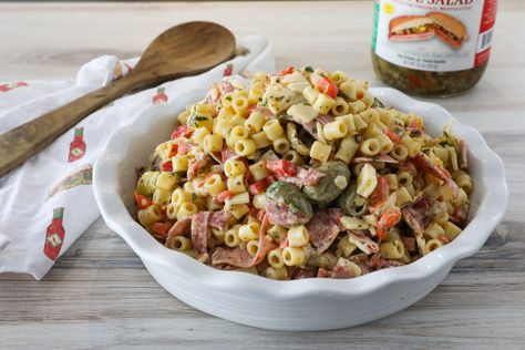 Our Muffuletta Pasta Salad combines all the rich, savory flavor of New Orleans’ favorite sandwich with a creamy mayonnaise dressing. Find the recipe at Blue Plate® Mayonnaise. Muffuletta Pasta Salad, Muffaletta Pasta Salad, Muffaletta Pasta, Muffuletta Salad, Pasta With Olives, Southern Potato Salad, Super Salads, Ditalini Pasta, Blue Plate