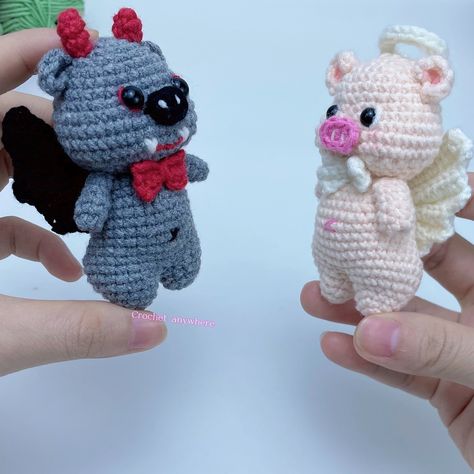 Crochet a pair of angel and devil pigs to make keychains ▶️ Tutorial video on my youtube channel “crochet anywhere” #crochet #crochetpig #crochetkeychain #crochetdevil Make Keychains, Crochet Pig, Angel And Devil, Crochet Keychain, Tutorial Video, My Youtube Channel, Pigs, Keychains, Youtube Channel