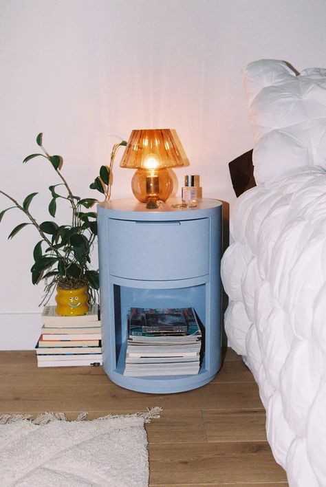 Kane Nightstand | Urban Outfitters Small Room Nightstand Ideas, Post Modern Nightstand, Aesthetic Storage Bedroom, Cool Nightstand Ideas, Metal Nightstand Bedroom, Colorful Decor Bedroom, Eclectic Scandinavian Bedroom, Abstract Nightstand, Colourful Nightstand