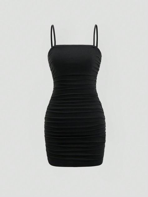 European And American Ins Style Black Pleated Sexy Bodycon Spaghetti Strap Mini Dress For Women Black Casual  Sleeveless Knitted Fabric Plain Cami Medium Stretch  Women Clothing, size features are:Bust: ,Length: ,Sleeve Length: Short Tight Black Dress, Black Tight Dress Outfit, Short Black Dress Tight, Black Dress Simple, Black Bodycon Mini Dress, Baddie Dresses, Tight Black Dress, Black Spaghetti Strap Dress, Tight Dress Outfit