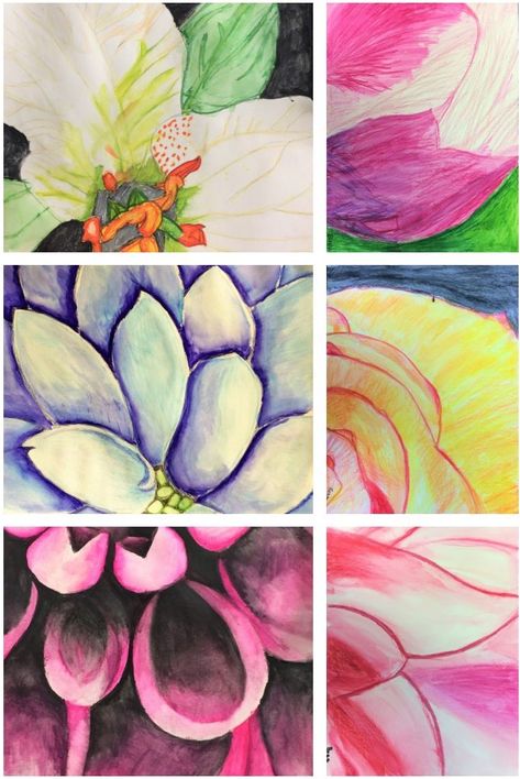 Student Art Projects Elementary, Close Up Drawings Art Projects, Spring Art Middle School, Watercolor Middle School Art, Watercolor High School Art Project, Middle School Acrylic Painting Projects, Painting Lessons High School, Spring Art For Kids Elementary, Watercolor Middle School