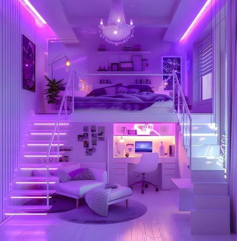 Dream Bedroom Purple, Loft Bed Rooms Decor Aesthetic, Futuristic Bedroom, Amazing Bedroom Designs, Neon Bedroom, Dream Bedroom Inspiration, Cool Room Designs, Purple Bedrooms, Kids Room Interior Design