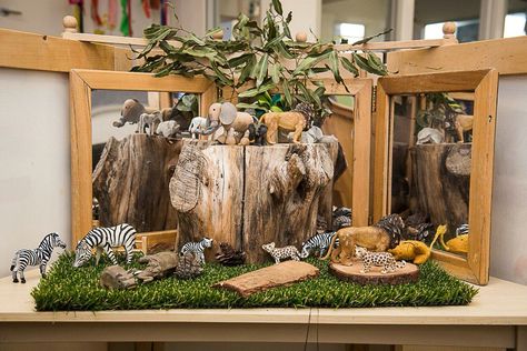 African Animal Inspired Provocation Dinosaur Set Up Childcare, Reggio Activities, Preschool Set Up, Play Based Classroom, Childcare Rooms, Curiosity Approach, Reggio Inspired Classrooms, School Age Activities, Reggio Classroom