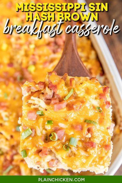 Mississippi Sin Hash Brown Breakfast Casserole – seriously the BEST! All the flavors of our favorite dip in a casserole. Only a few simple ingredients – frozen shredded hash browns, diced ham, cheddar, sour cream, hot sauce, Worcestershire sauce, garlic, onion, milk, and eggs. Great for breakfast, lunch, and dinner. You can make this ahead of time and refrigerate or freeze it until ready to bake! Perfect for hectic weekday mornings, overnight guests, and holiday mornings. Frozen Hashbrown Recipes, Hash Brown Breakfast Casserole, Hash Brown Breakfast, Breakfast Hashbrowns, Brown Recipe, Hashbrown Breakfast Casserole, Hashbrown Recipes, Plain Chicken, Breakfast Casserole Easy