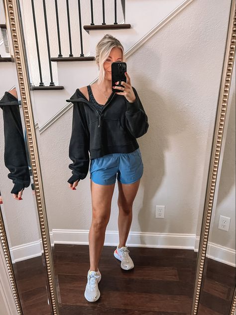 Running Shoes Outfit Casual Summer, Lululemon Spring Outfit, Outfits To Wear With Lululemon Shorts, Lululemon Scuba Full Zip Hoodie Outfit, Navy Lululemon Shorts Outfit, Lululemon Scuba Jacket Outfit, Preppy Lululemon Scuba, Cute Athletic Shorts Outfit, Lululemon Outfit Spring