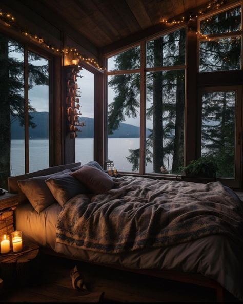 Dark Home Aesthetic, Cozy Cabin In The Woods, Lake House Bedroom, Interrior Design, Log Cabin Rustic, Storybook Homes, Romantic Bed, Dark Home, House Bedroom