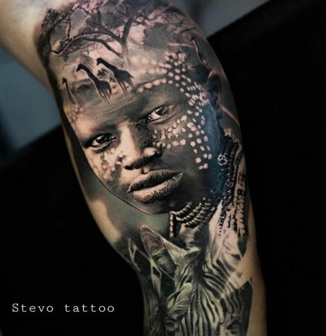 African Warrior Tattoo For Men, African Sleeve Tattoo Men, African Warrior Tattoos, African Sleeve Tattoo, Tattoo Photoshoot, Africa Tattoos, Masculine Tattoos, African Tree, African Tattoo