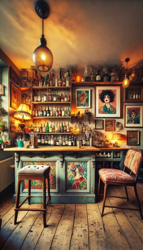 Artsy Bar Design, Retro Wine Bar, Eclectic Bar Design, Eclectic Home Bar, Eclectic Decor Restaurant, Cozy Eclectic Home, Retro Bar Design, Bar Decor Ideas, Painted Bar