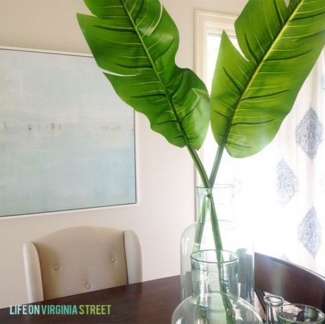 banana leafs in dining room Banana Leaf Decor, Life On Virginia Street, Large Glass Vase, Banana Palm, Big Vases, Faux Leaf, Leaf Decor, Fundraising Events, Luau Party