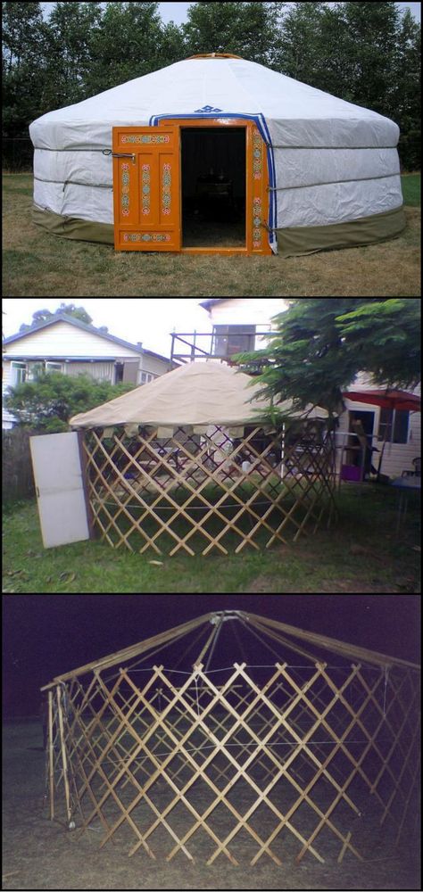 How To Build A Mongolian Yurt  http://theownerbuildernetwork.co/11th  Yurts were originally portable homes for nomads, but you can use one as a home office, a unique guest room or even as a permanent home!.  Surprisingly strong, yet inexpensive, they may just offer that solution you've been waiting for. Building A Yurt, Mongolian Yurt, Sca Camping, Yurt Living, Alternative Housing, Build Yourself, Emergency Shelter, Portable Home, Tent Pegs