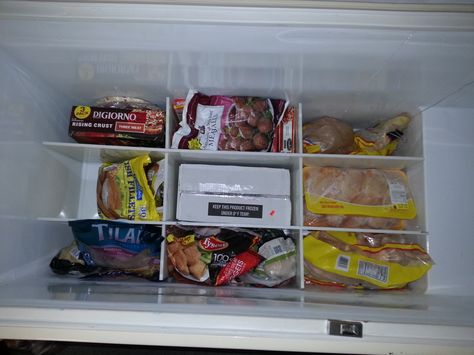 After installing the freezer dividers we were able to put like foods together neatly. Shelf Dividers Diy, Chest Freezer Dividers, Chest Freezer Storage, Deep Freezer Organization, Freezer Storage Organization, Diy Chest, Chest Freezer Organization, Freezer Organizer, Closet Shelf Dividers