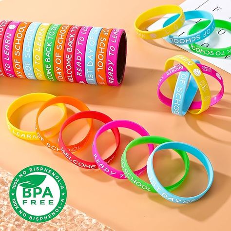 Welcome Back to School Theme Rubber Bracelets with the words "Welcome Back to School" and "Ready to Learn" are full of symbolism for the Welcome Back to School Theme Party, and the fun hand accessories will make you stand out at the party. Back to school bracelets for girls welcome back to school bracelets back to school bracelets for boys back to school bracelets for 3 1st day of school bracelets. Back To School Bracelets, First Day Of School Bracelet, School Bracelets, Bracelets For Boys, Back To School Theme, Party Theme Decorations, Bracelets For Girls, Classroom Prizes, Kids Party Favors