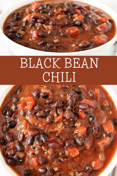 Black Bean Chili ~ A hearty and satisfying plant-based chili ready in 30 minutes or less! Ideal for chilly nights or game day get-togethers. Black Bean Chili Recipe Vegetarian, Black Bean Recipes Easy, Black Bean Chili Vegetarian, Vegetarian Chili Crock Pot, Chili Soup Recipe, Chili Recipe With Black Beans, Black Bean Soup Recipe, Vegetarian Chili Recipe, Black Bean Recipes