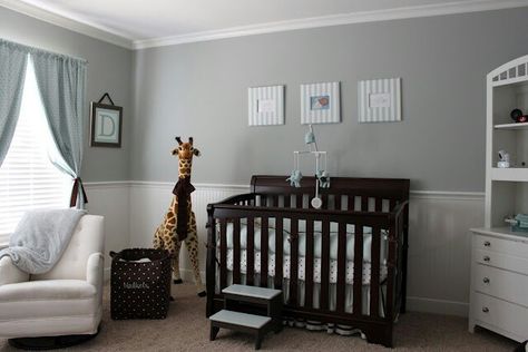 Gray/blue/brown baby boy nursery Light Blue Curtains, Brown Crib, Boy Nursery Colors, Baby Blue Nursery, Grey Nursery Boy, Baby Boy Nursery Colors, Nursery Idea, Grey Baby Nursery, Baby Boy Room Nursery