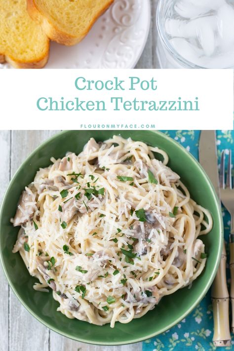 Crock Pot Chicken Tetrazzini is so easy to make when you start with a rotisserie chicken. Slow Cooker Chicken Tetrazzini, Crock Pot Chicken Tetrazzini, Crockpot Turkey Tetrazzini Recipe, Chicken Tetrazzini Crockpot Slow Cooker, Chicken Tetrazzini Crockpot, Crockpot Chicken Tetrazzini, Healthy Crock Pot Chicken, Creamy Crock Pot Chicken, Tetrazzini Recipes