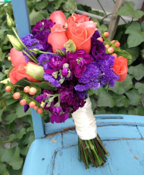 Wedding flowers*bridal bouquet*purple & coral Purple Pictures, Purple Fall Wedding, Coral And Purple, October Wedding Flowers, Pastel Wedding Colors, Country Wedding Flowers, Bouquet Purple, Purple Bridal Bouquet, Simple Wedding Flowers