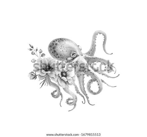 Girly Octopus Tattoo, Octopus Rib Tattoo, Octopus Garden Tattoo, Octopus And Flowers Tattoo, Octopus With Flowers Tattoo, Octopus Flower Tattoo, Tiny Octopus Tattoo, Octopus With Flowers, Cute Octopus Tattoo