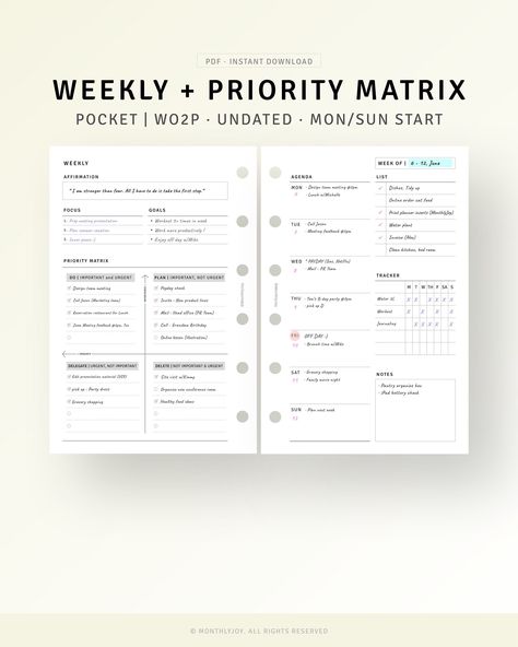 Undated Weekly Planner Pocket Size Printable Weekly Agenda with Priority Matrix, WO2P Inserts, Productivity Planner, Weekly Template Sheet colorfulplanner #freeplannerpages #plannertoorganize #dailyplanner📃 Weekly Overview Planner, Weekly Planning Template, Pocket Planner Inserts, Weekly Planner Layout, Weekly Work Planner, Weekly Template, Weekly Overview, Daily Planner Inserts, Weekly Agenda