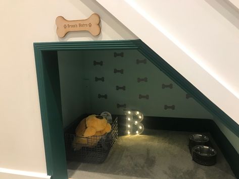 I knocked through the understairs cupboard to create a dog cubby! Decorated with vinyl stickers and painted. #dogcubby #doghouse #dogkennels Dog Cupboard, Understairs Cupboard, Puppy House, Dog Kennel, Dog House, Cubbies, Vinyl Stickers, A Dog, Cupboard