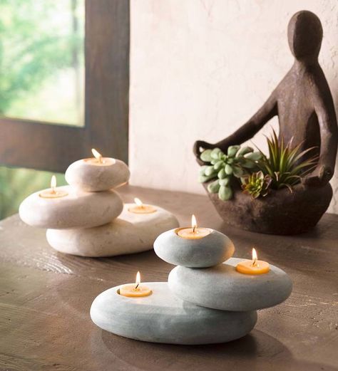 Sala Zen, Rock Candle Holder, Zen Candles, Stone Cairns, Rock Candle, Zen Home Decor, Zen Room, Tanah Liat, Zen Decor