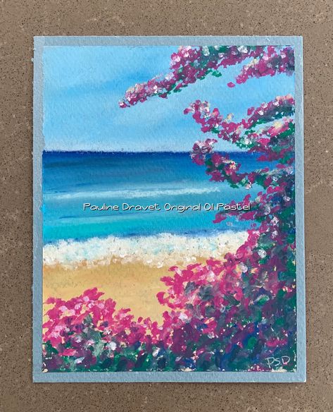 Bougainvillea Beach scene oil pastel Oil Pastel Beach Sunset, Beach Drawing Oil Pastels, Oil Pastel Beach Scene, Beach Scenes Drawing, Beach Oil Pastel, Bougainvillea Beach, Couples Painting, Watercolor Indian, Abstract Art Photography