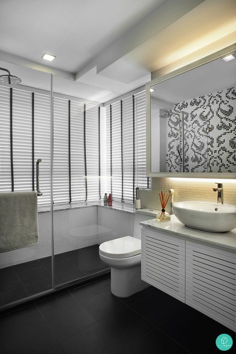 Space-Matters-Boon-Keng-Bathroom, nice shower screen Blinds Venetian, White Apartment, Blinds Curtains, Decor Pictures, Curtain Ideas, Apartment Bathroom, Roller Blind, Venetian Blinds, Scandinavian Decor