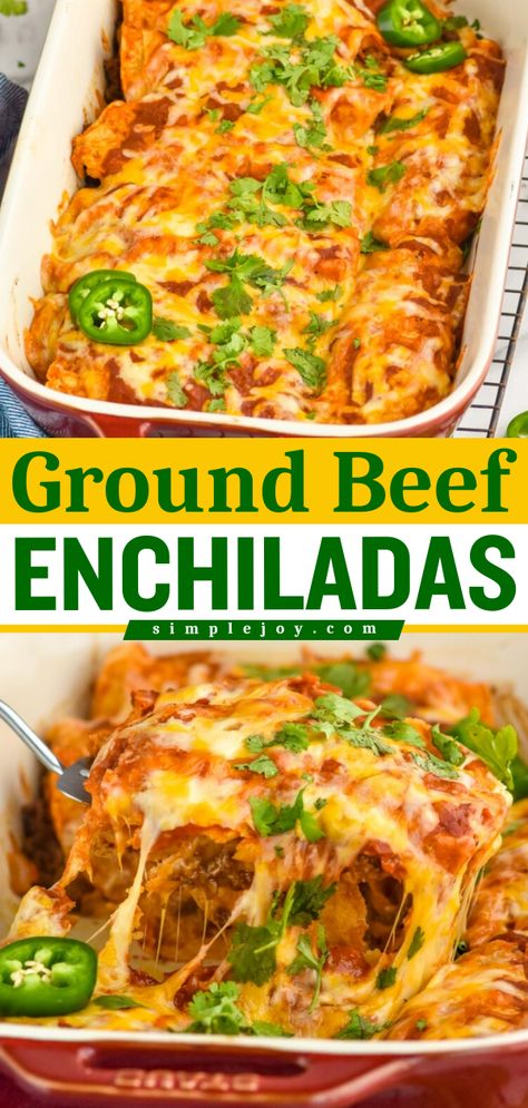 Ground Beef Enchiladas are a delicious dinner that you can make ahead or freeze for later. Our homemade enchilada sauce really puts this recipe over the top. Enchiladas Beef Authentic, Hamburger Enchiladas, Best Beef Enchiladas, Best Beef Enchilada Recipe, Enchiladas Beef, Casserole Beef, Enchiladas Recipes, Easy Suppers, Food Flavors