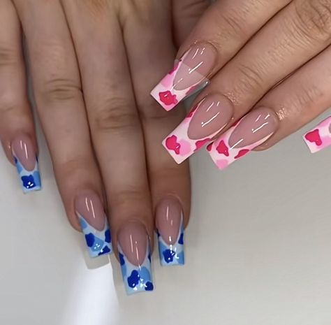 Pink Camo Nails Designs, Pink And Blue Acrylics, Pink Bape Nails, Blue French Tip With Design, Camo French Tip Nails, Pink And Blue French Tip Nails, Bape Nails Acrylic, Blue Camo Nails, Pink And Blue Nails Design