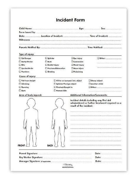 Every child care organization must have an accident/injury report for children to properly document an accident or injury that may have occurred. The reasoning for documenting this is to show the parents exactly what had happened and when in great detail. The center may also keep a copy for their records so that if they ever need to know something about a child's record, it is properly documented there. First Aid Brochure, Daycare Paperwork, Preschool Forms, Accident Report Form, Daycare Printables, Daycare Schedule, Daycare Contract, Daycare Rooms, Daycare Organization