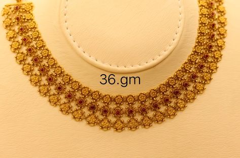 24 Grams Gold Necklace Designs, Kempulu Necklace, New Necklace Designs Gold, Long Sets Gold Jewellery, Gold Bangle Designs, Necklace Designs Gold, New Necklace Designs, Hasli Necklace, Antique Gold Bracelet