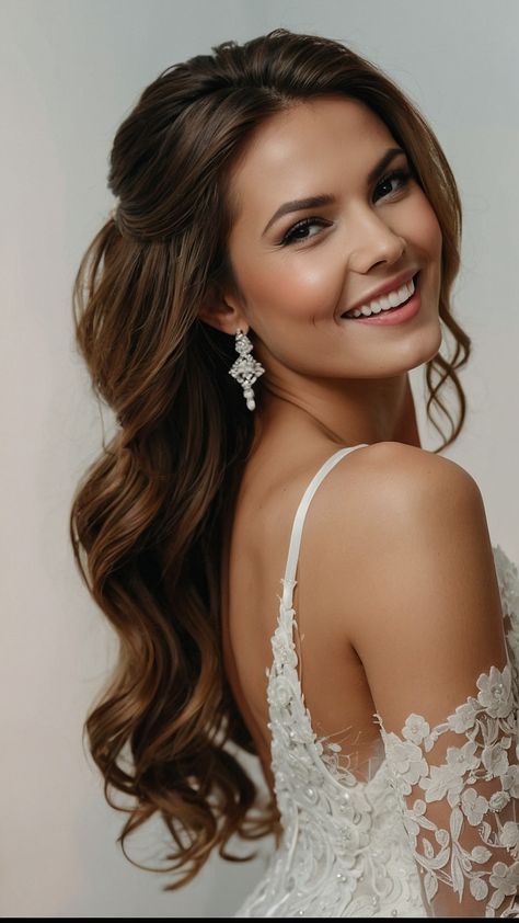 Discover stunning bridesmaid hairstyles for long hair - from Half Up Half Down styles to elegant Braids and Loose Curls Whether you're a Brunette or a Blonde looking for Simple or Side hairstyles we've got you covered Perfect for weddings these Easy Boho-inspired looks include charming Updo Curls and Half Up Half Down braids Elevate your bridal squad with these chic effortless hairdos Bride Half Updo, Long Hair Wedding Styles Half Up, Bridal Down Hairstyles, Bride Half Up Half Down Hairstyles, Loose Curls Long Hair, Half Up Half Down Braids, Soft Curl Hairstyles, Curled Wedding Hair, Half Up Half Down Styles