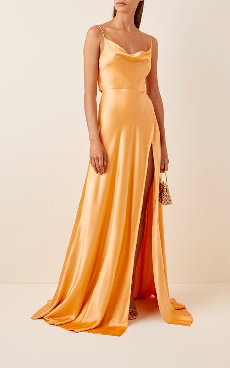 Light Orange Outfit, Orange Satin Dress, Orange Silk Dress, Silk Dresses Outfit, Neon Prom Dresses, Prom Inspo, Satin Fashion, Yule Ball, Orange Satin