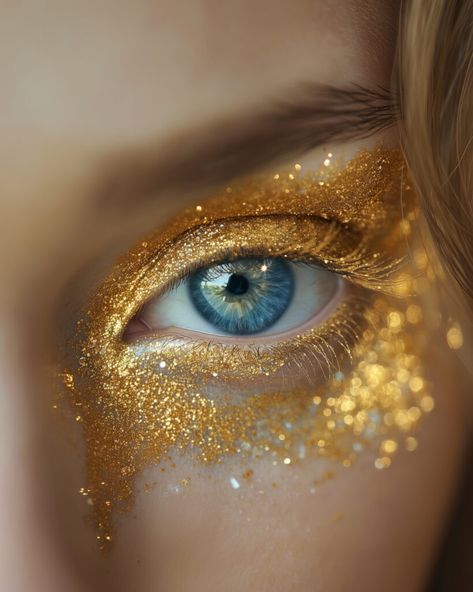 Golden Snitch Makeup, Eye Makeup For Grey Eyes, Gold Goddess Makeup, Sparkle Eye Makeup, Golden Makeup, Goddess Makeup, Sparkle Lips, Metallic Lips, Sparkling Eyes