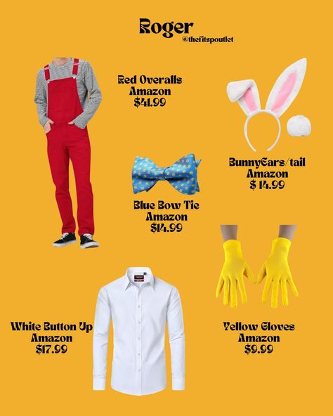 Jessica and Roger Rabbit Couple Halloween Costume Inspo #halloween #couplecostumes #halloweeninspo Jessica Rabbit Halloween, Jessica And Roger Rabbit, Rabbit Couple, Couple Halloween Costume, Rabbit Halloween, Yellow Gloves, Red Overalls, Costumes Couples, Roger Rabbit