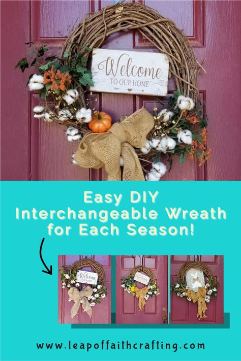 Use the same DIY grapevine wreath all year long with a few easy changes. Tutorial on how to make an interchangeable seasonal wreath. #wreath #diy One Wreath For All Seasons Diy, Interchangeable Wreath Seasons Diy, Interchangeable Door Sign, Interchangeable Wreath, Front Door Wreaths Diy, Diy Grapevine Wreath, Farmhouse Inspired Decor, Door Signs Diy, Door Wreaths Diy