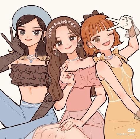 Iconic Trios Female, Friends Pictures Cartoon, Cute Friend Poses, Friends Cartoon, Friends Pictures, Whimsical Art Journal, Best Friends Cartoon, Friends Illustration, Bff Drawings