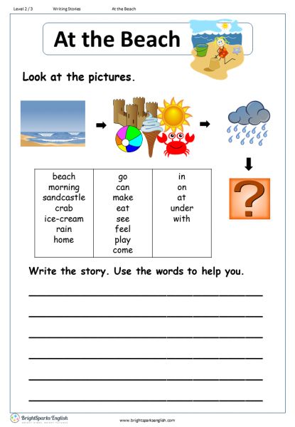 At the Beach English Writing Worksheet Paragraph Writing Worksheets, Best Language Learning Apps, Creative Writing For Kids, Creative Writing Worksheets, English Creative Writing, Writing Mini Lessons, Card Writing, Reading Comprehension For Kids, Creative Writing Activities